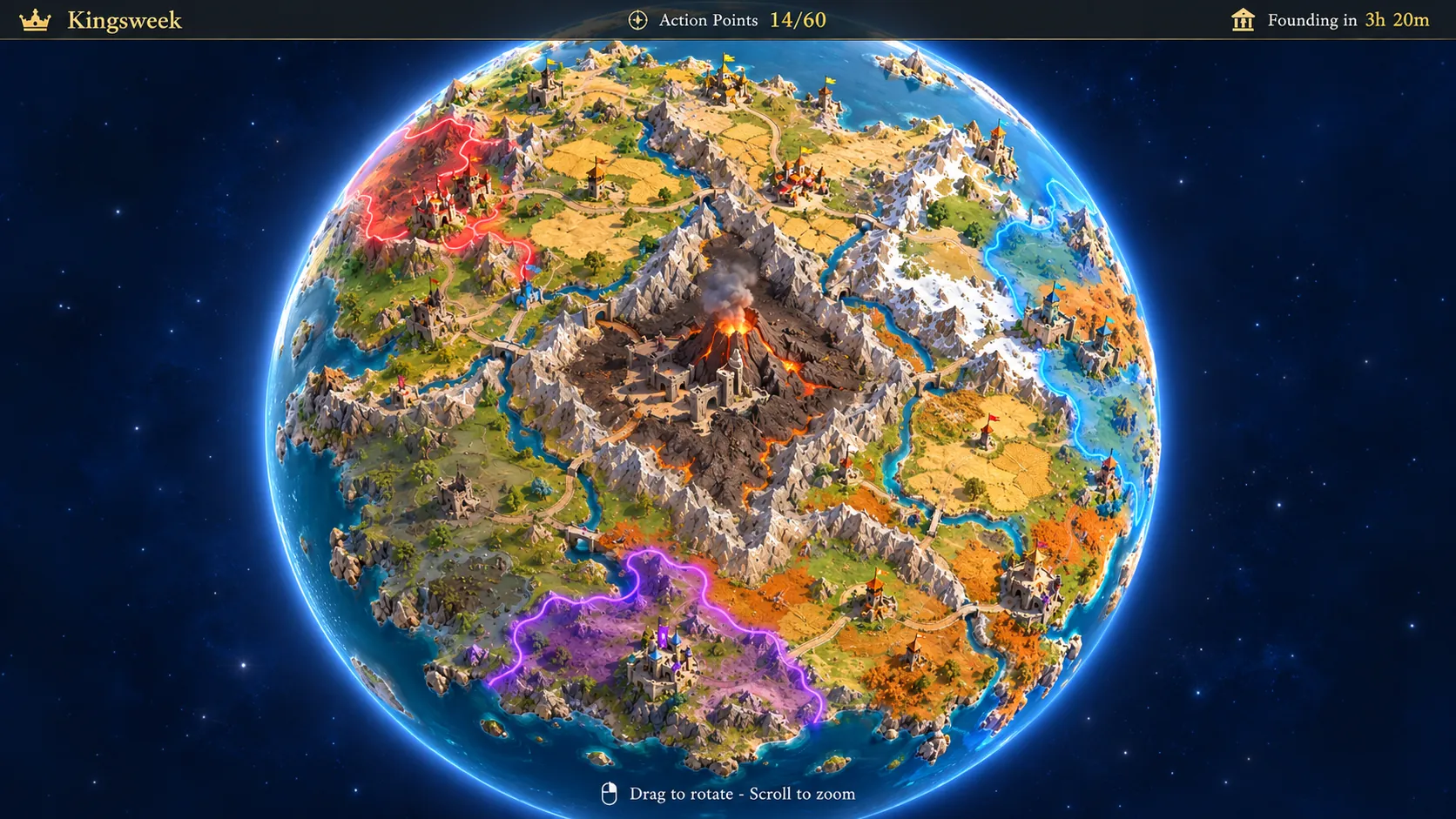 The Kingsweek globe seen from space, three realms glowing across it
