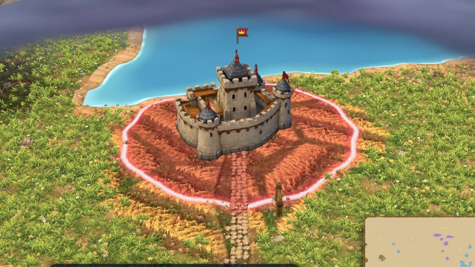 A stone fortress with a red banner inside a glowing red border