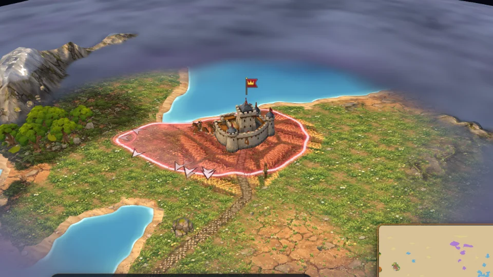 A fortress with its banner and arrows marking the moving front of a wave