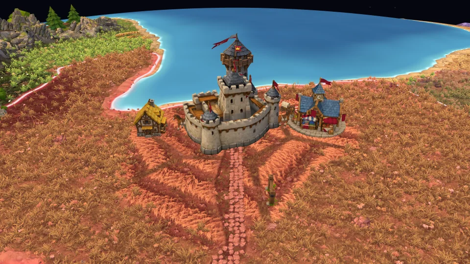 The world up close: a fortress with its banner, wheat fields and a lake on the coast